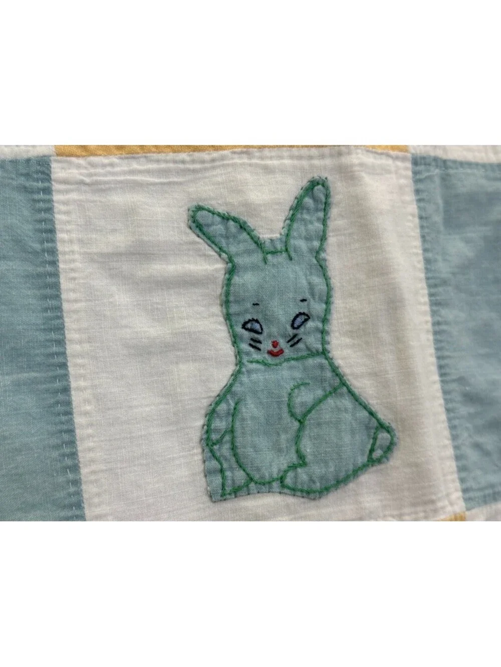 Vintage Nursery Quilt Checkerboard Animal Appliques Pastel Palette Aqua Blue Lar